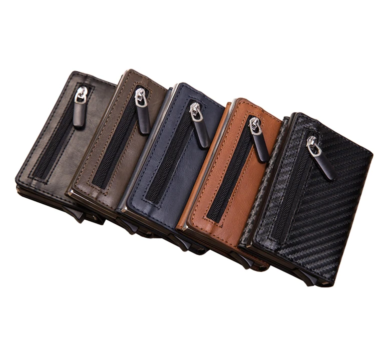 Slim PU Leather Magnet Close Pop up RFID Blocking Aluminium Zippered Wallet