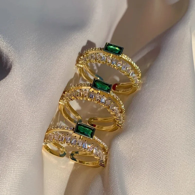 Korean Hot Selling Sense Green Zircon Double Layer Ring Luxury Emerald Gemstone Crystal Open Adjustable Rings Jewelry Women