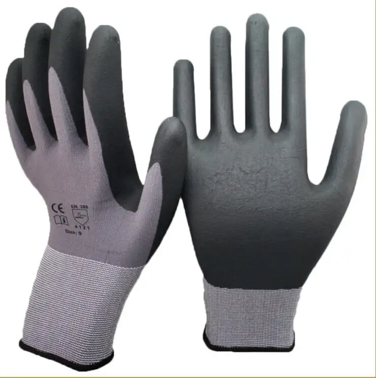 15 Needle Gray Nitrile Work Gloves with Seaml Knitted Nylon Lining Ultra-Fine Foam Black Palm Immersion Safety Usage