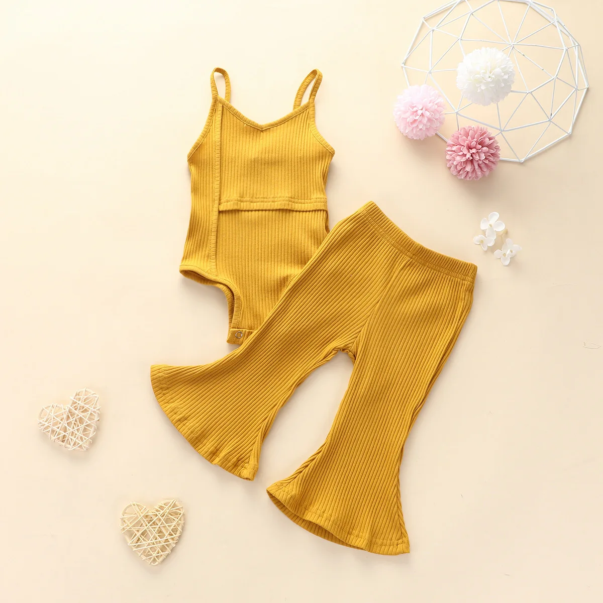  CRS19055 summer Baby girl kids clothing Knitted Solid color vest rompers + flared trousers pants 2pcs set
