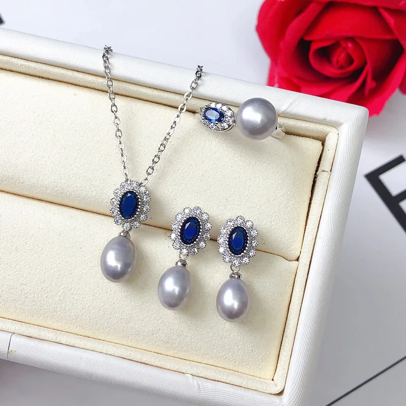 Fashion high quality Blue zircon bride Natural 7-8MM Freshwater Pearl Necklace Earrings Ring 3pcs jewelry set