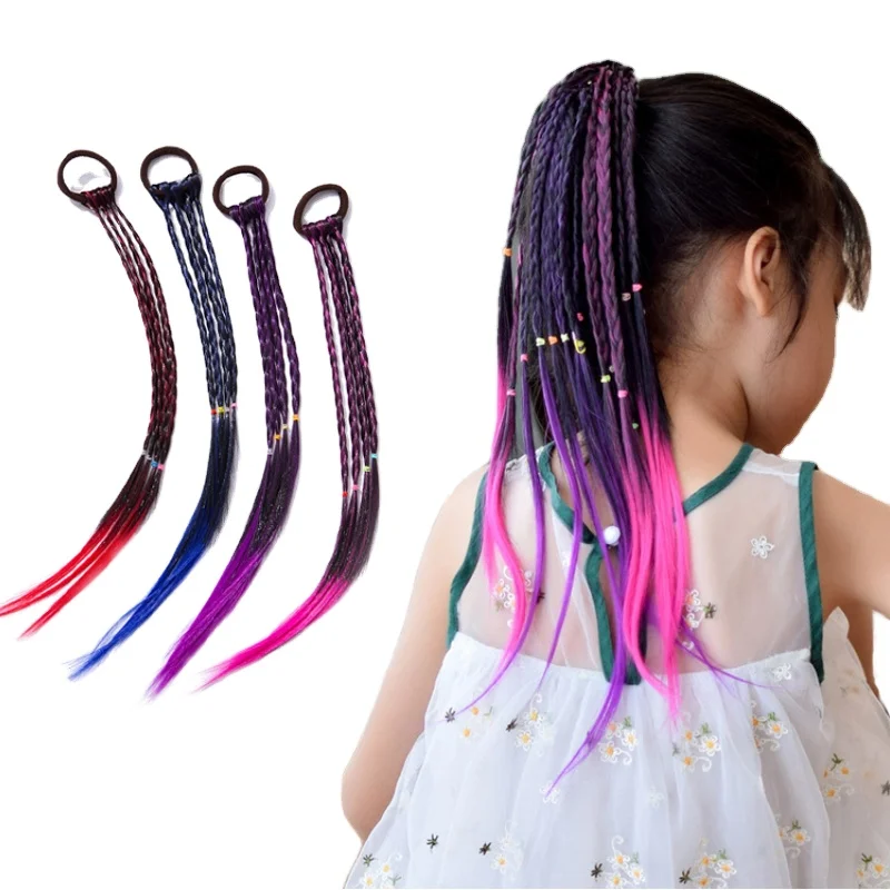 Fashion kids wig ponytail gradient braid colorful headdress hair rope for girls