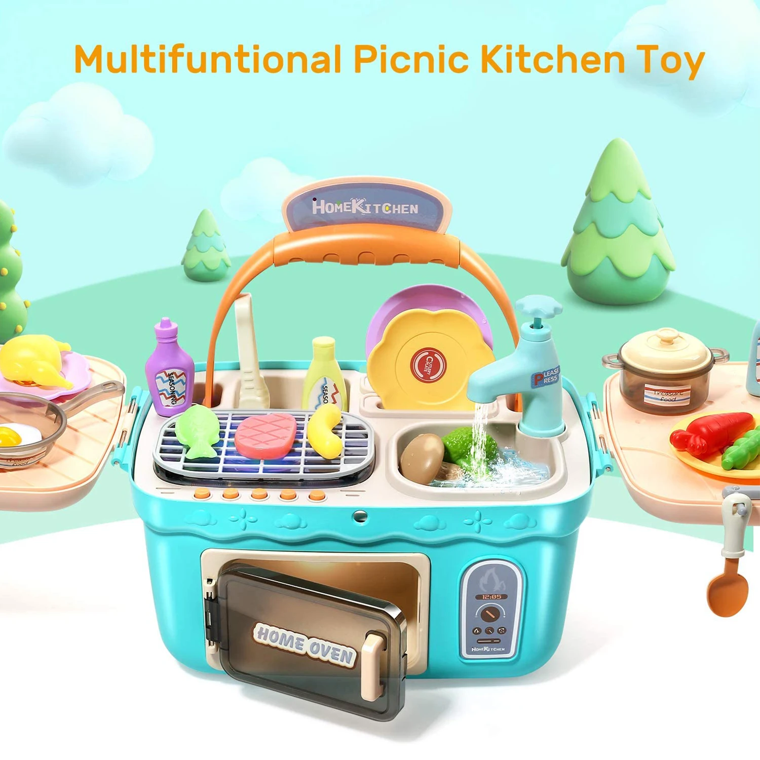 Kids Kitchen Set Pretend Play Picnic Cooking Toys Kitchen Play Set Portable Pinic Basket Home Appliance Toys for Kids Boys Girls
