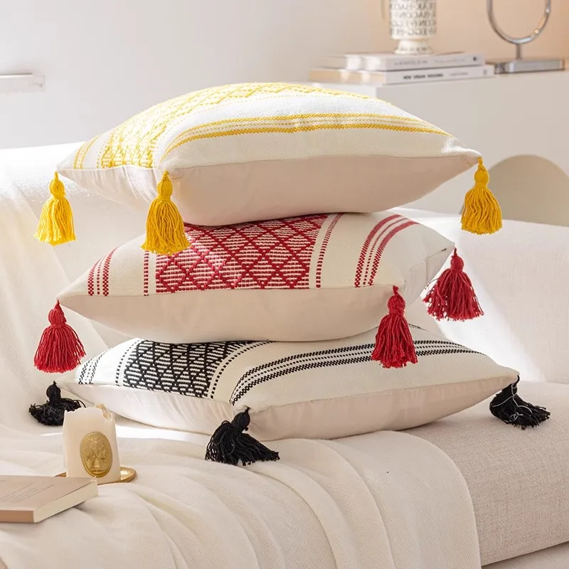 Bohemian Tassel Cotton Woven Pillow Simple Geometric Stripe Cushion Cover Living Room Sofa Christmas Printed Knitted Model Room