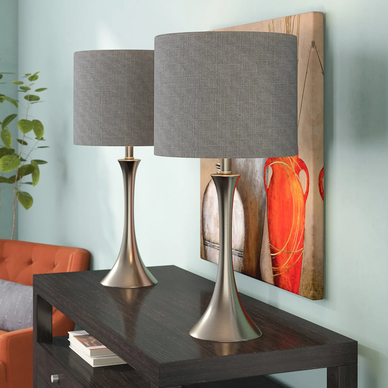 Set Of 2 Modern Brushed Nickel Bedside Table Lamp Gray Linen Fabric Drum Shades Luminous Light For Laptop Bedroom Home