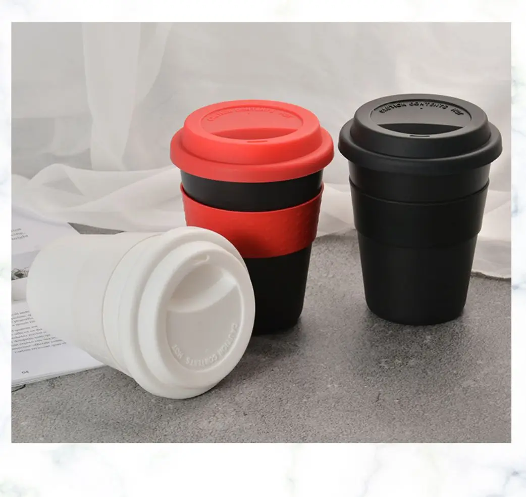 350ml Reusable Heat Insulated Plastic Travel Mugs Tea Coffee Travel Mug Cup with Non-slip Sleeve and Silicone Lid