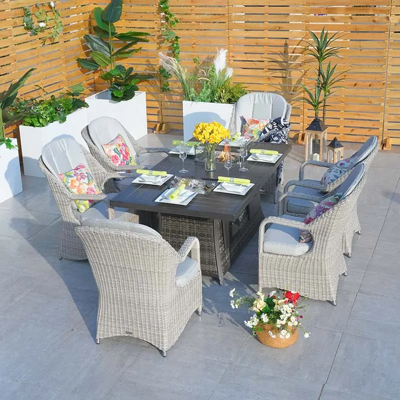 6 seat Modern Ice Bucket Gas Fire Pit Rectangular Dining Set-Brown Outdoor Rattan Furniture Chairs And Tables