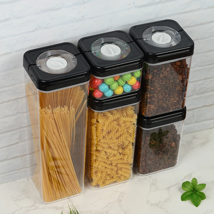 transparent plastic empty airtight sealed food container storage set stackable square jar with date indicator