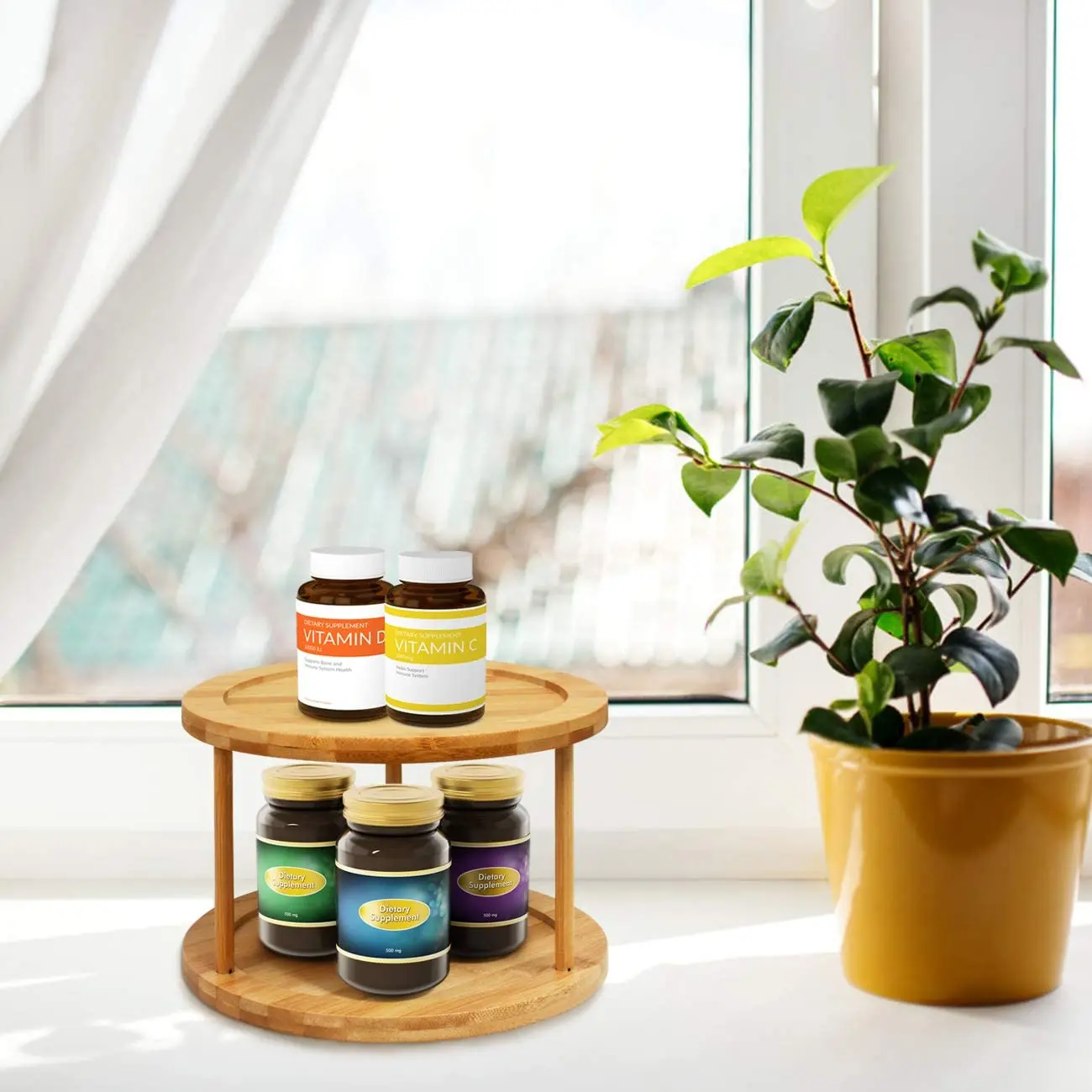 Hot sale Turntable Spice Rack 10 Inch 2-Tier Bamboo Kitchen Countertop  Cabinet Rotating Condiments Organizer