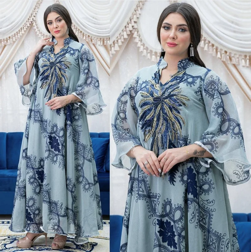 2022 Fall good order linen Embroidery bead casual wear abaya muslim dress for women dubai