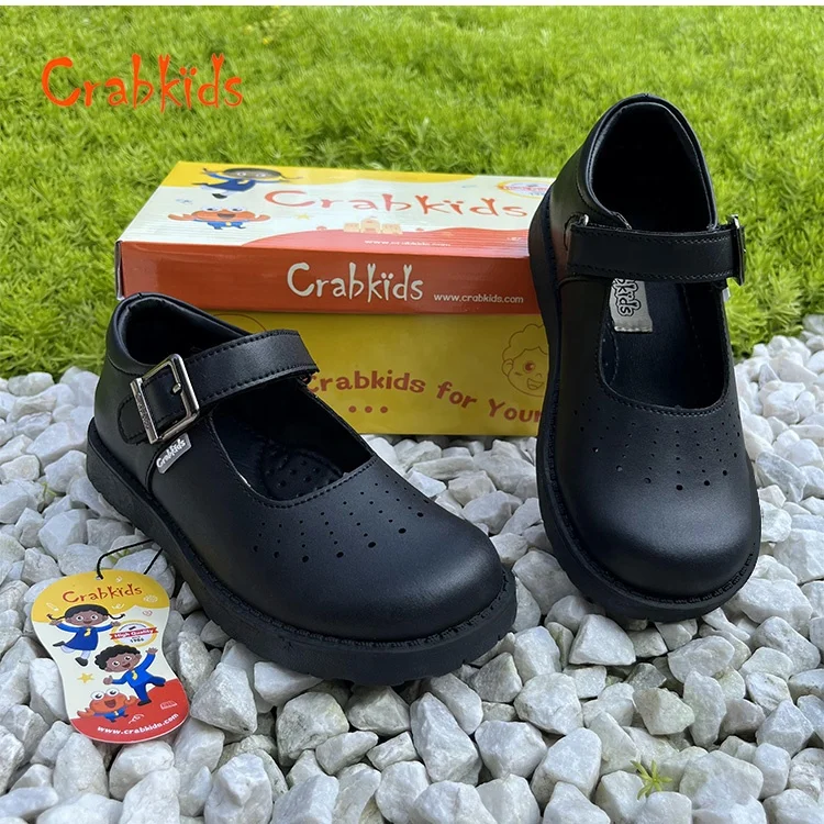 Crabkids High quality formal kids school performance student black leather school shoes for girls