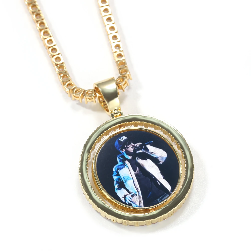 Double Face Round Photo Custom Necklace Pendant Tennis Chain Gold Cubic Zircon Spin Picture Necklace Hip hop Jewelry