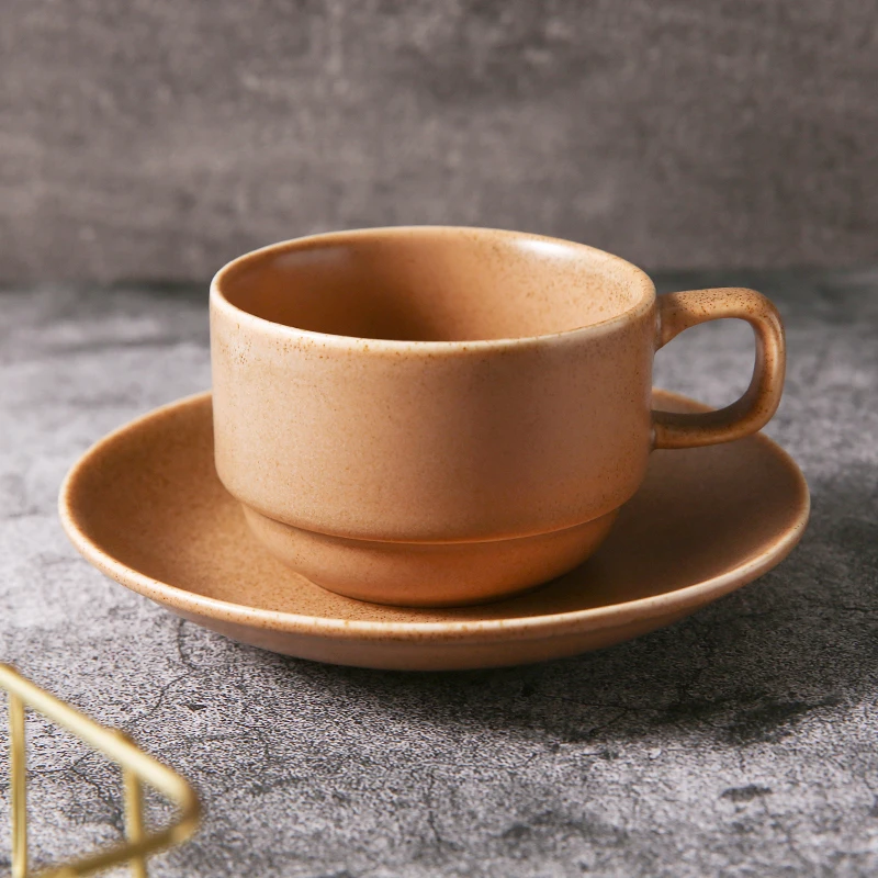 WEIYE Vintage style brown ceramic tea coffee cup saucer set porcelain cup and saucer set for household hotel restaurant