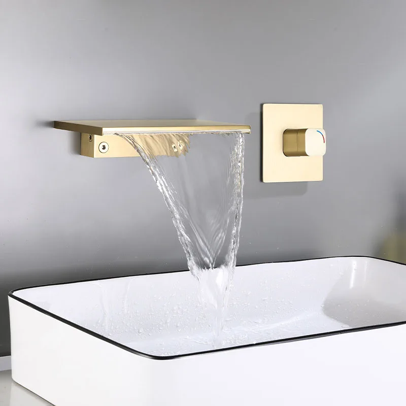Brushed gold wall basin faucet new concealed bathtub faucet multifunctional large screen waterfall water does not splash all cop