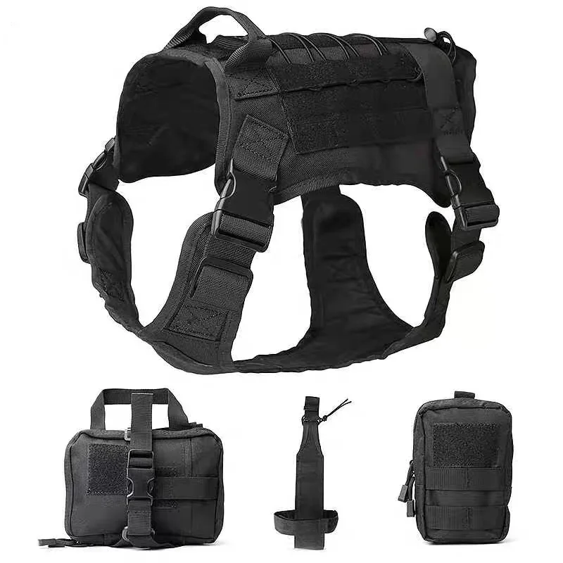 Large big Four-piece Army Green Tactical Nylon Dog Harness Adjustable Breathable No Pull Dog reflective Harness vest
