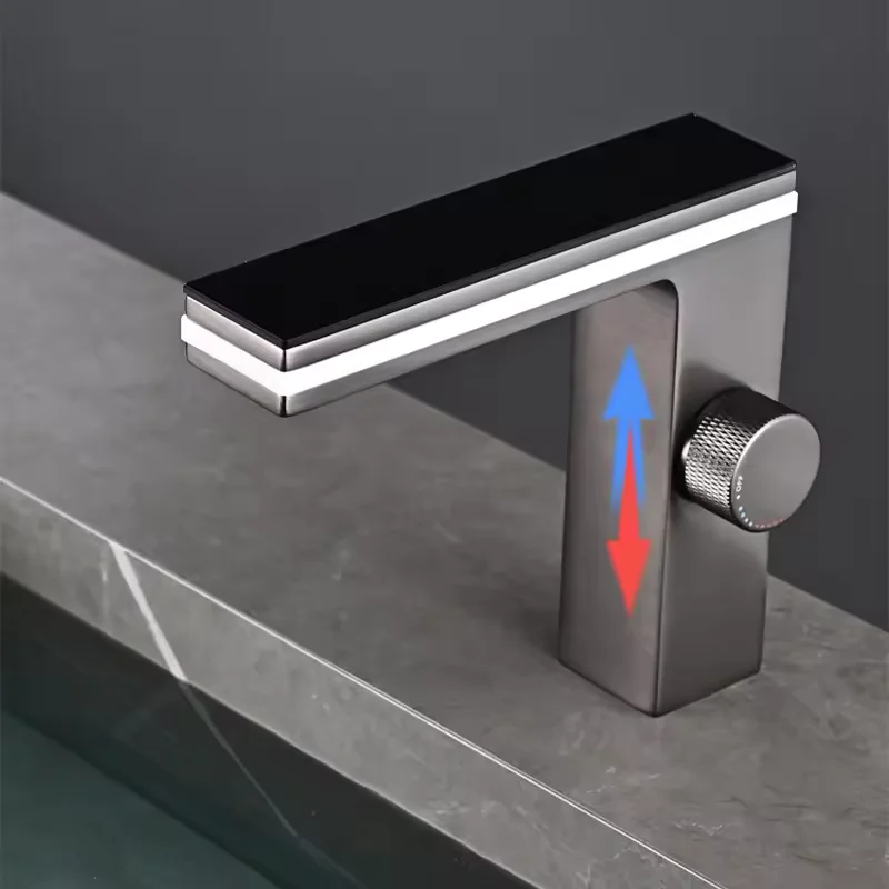 Modern Single-Hole Brass Basin Faucet with LED Atmosphere Lamp Digital Display Hydroelectric Power Ceramic Valve Core