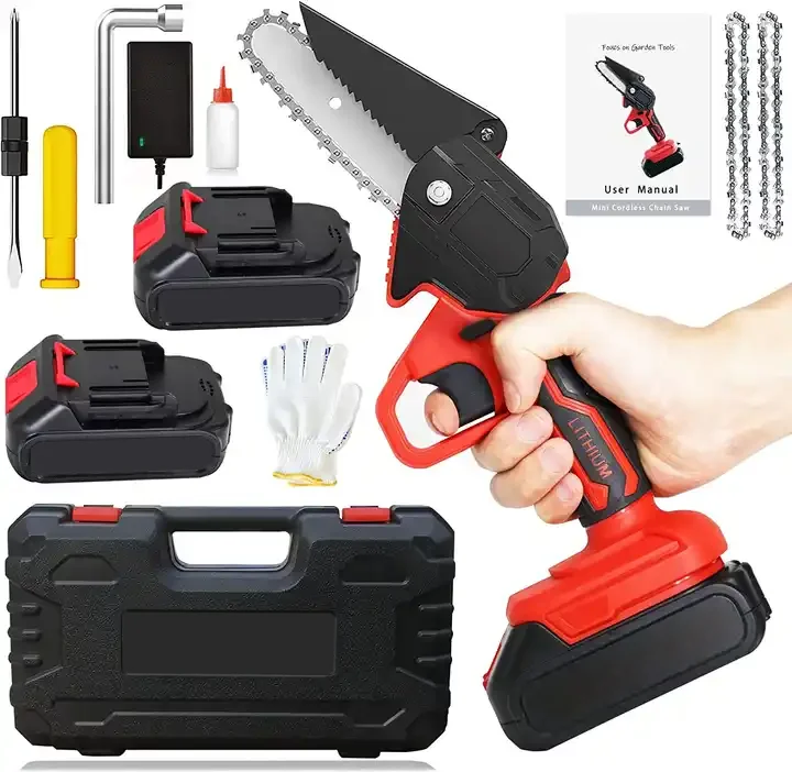 Mini Chainsaw 4-Inch with 2 Battery Hand Held Small Rechargeable Cordless Saw with 2 Chains Security Lock for Wood Cutting