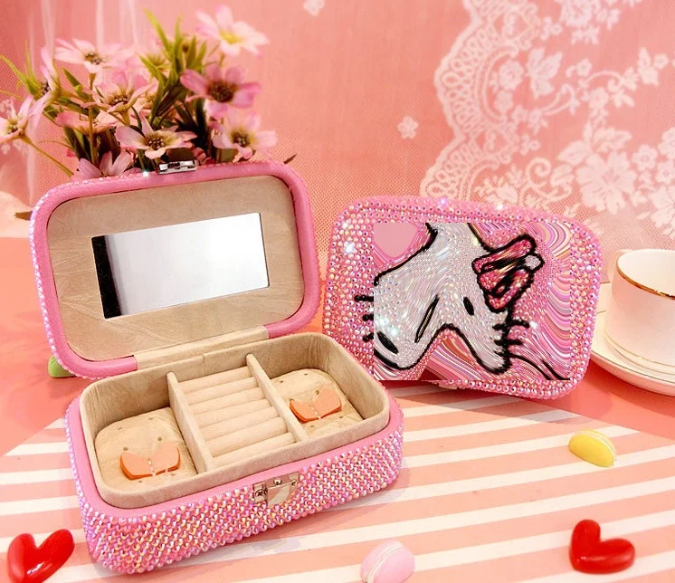 Hot Sale Daily Little Kitten Use Bling Bling Crystal Rhinestone L  Durable Leather Cosmetic Box with Mirror Make up Cases