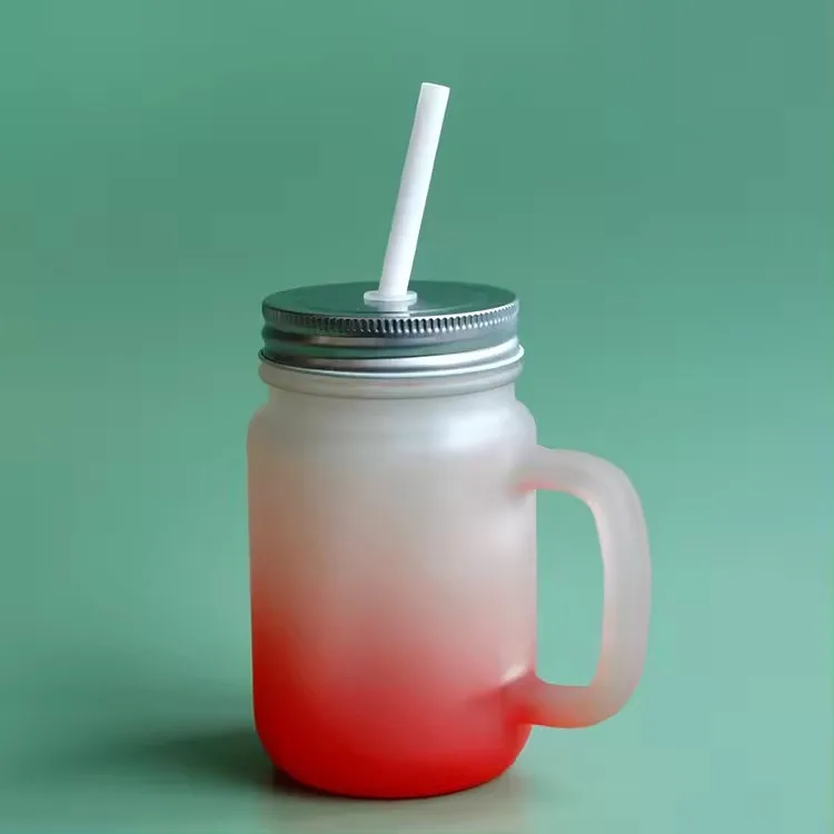 14OZ Gradient Colored Mason Jars for Sublimation Handle Lids with Straw Subcategory Mugs