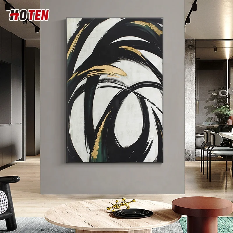 Hand painted abstract oil painting black and white gold foil decorative painting custom large painting hanging