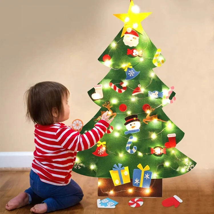 Wholesale Kids New Year Gift DIY Felt Christmas Tree Hanging Ornaments With String Lights