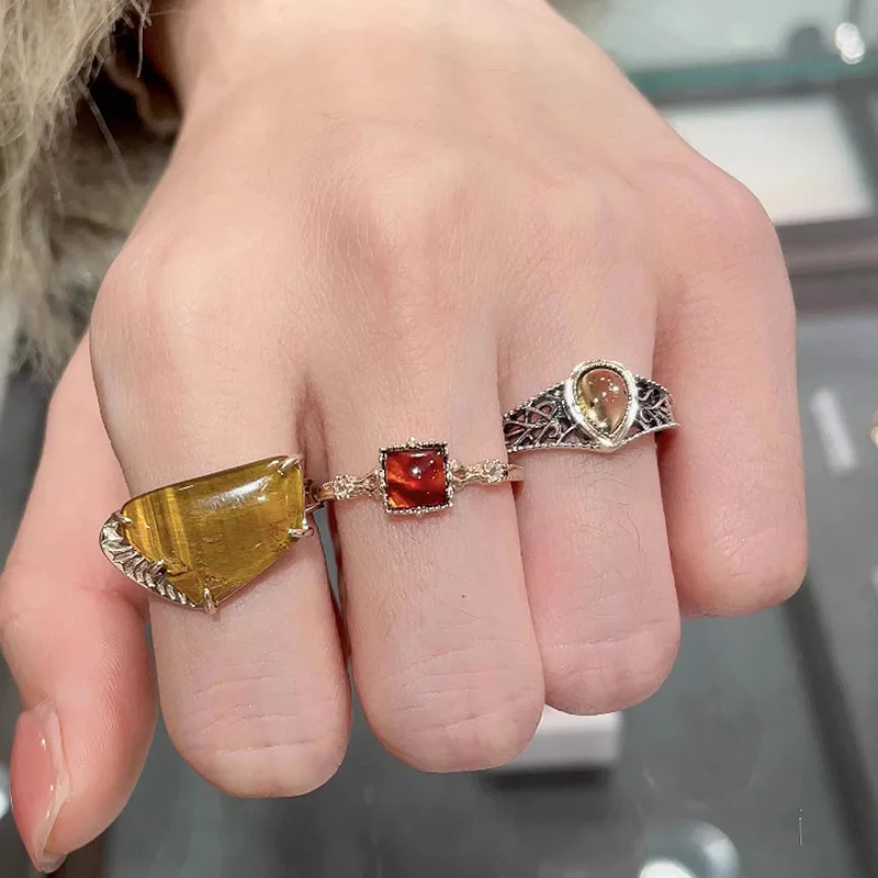 2023 New Irregular Shape Stone Engraved Sterling Silver Plated 10K Gold 925 Tiger Eye Stone Rings Woman
