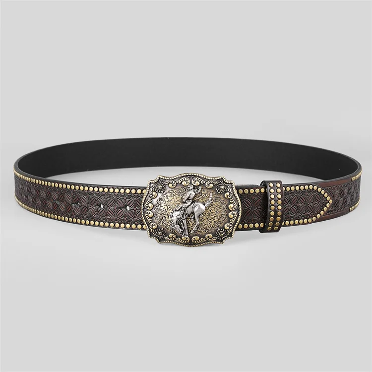 EMBOSSED WESTERN LEATHER BELT COWBOY RODEO CASUAL LEATHER BELT FLORAL EMBOSSING HORSE DESIGN BUCKLE BELT