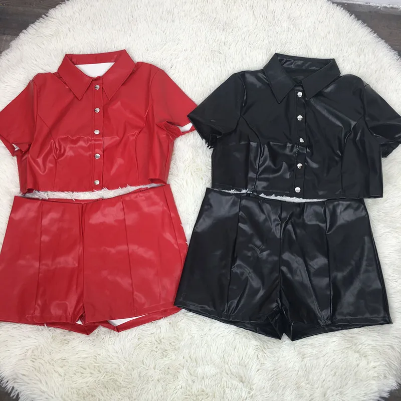 Summer 2024 Two Piece Set women Clothing Sexy Club PU Leather Two Piece Outfits Set Ladies Short Sleeve Tops Shorts Set 2 Piece