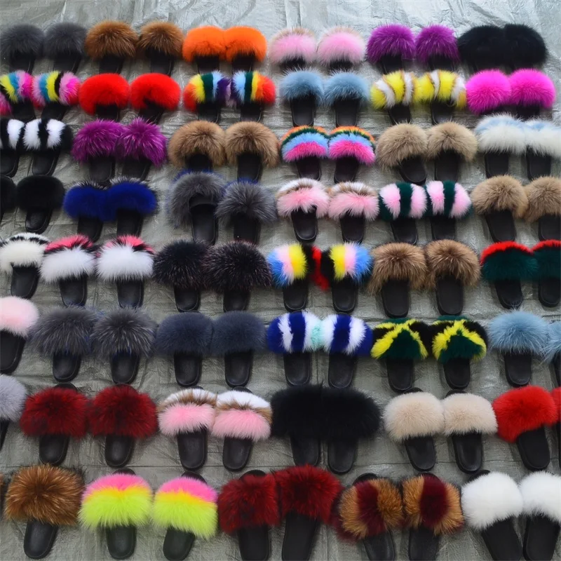 Factory wholesale hot sale ladies children mom fox raccoon fur slides real custom big fur slippers fur slides