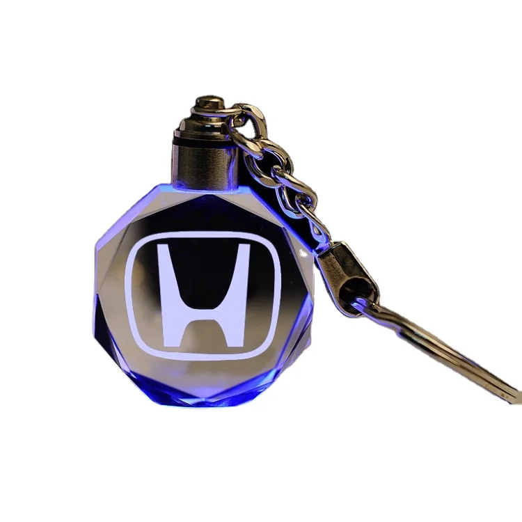 Customized 3D laser engraved car logo LED light Crystal key chain key ring promotional gift