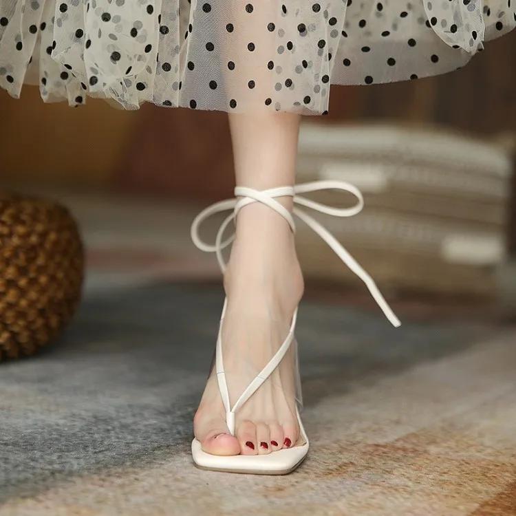 Womens high heels shoes party lacing up ladies sexy clear transparent band solid heeled sandals for woman