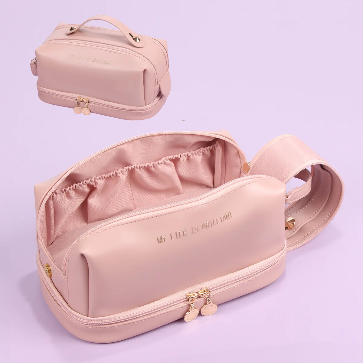 2023 new Large travel Makeup Bag Double Layer Cosmetic Bag for women with Brush Holder Portable Water Resistant Leather Skin