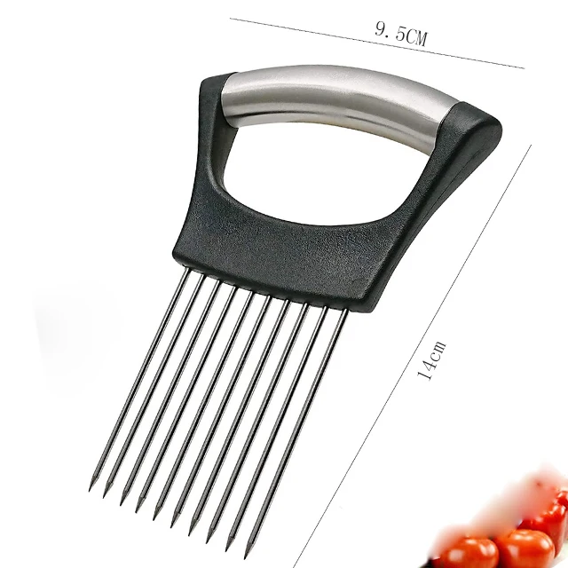 Kitchen Gadget Food Grade Slicing Meat Fish Fork Potato Slicer Needle Stainless Steel Vegetable Fruit Cutter Onion Holder Cutter