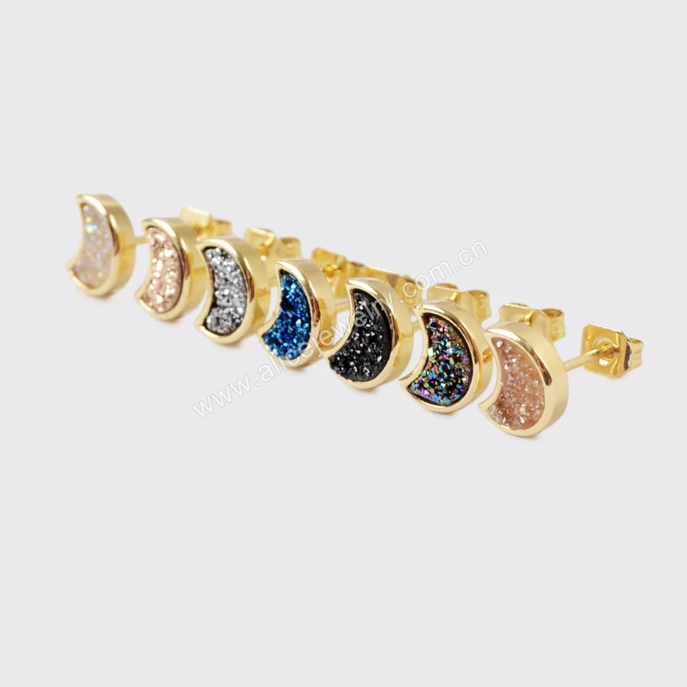 ZG0282 Tiny Gold Moon Shape Druzy Stud Earrings Gold Plated Bezel Druzy Earrings