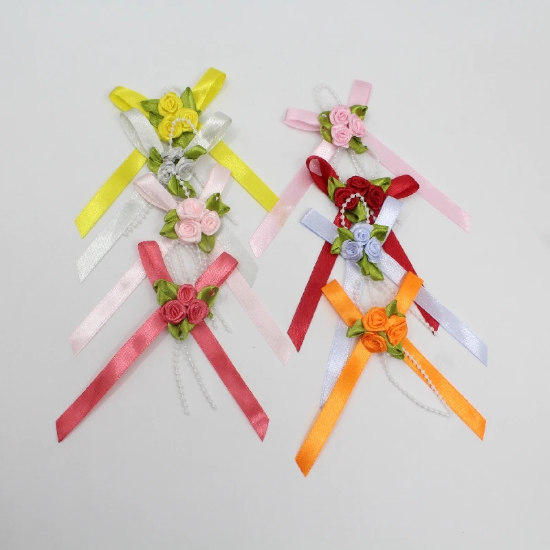 Manufacturer Custom 1cm Multi-color Ribbon Plus Small Flower Sticky Pearl Chain Hand Tie Bow