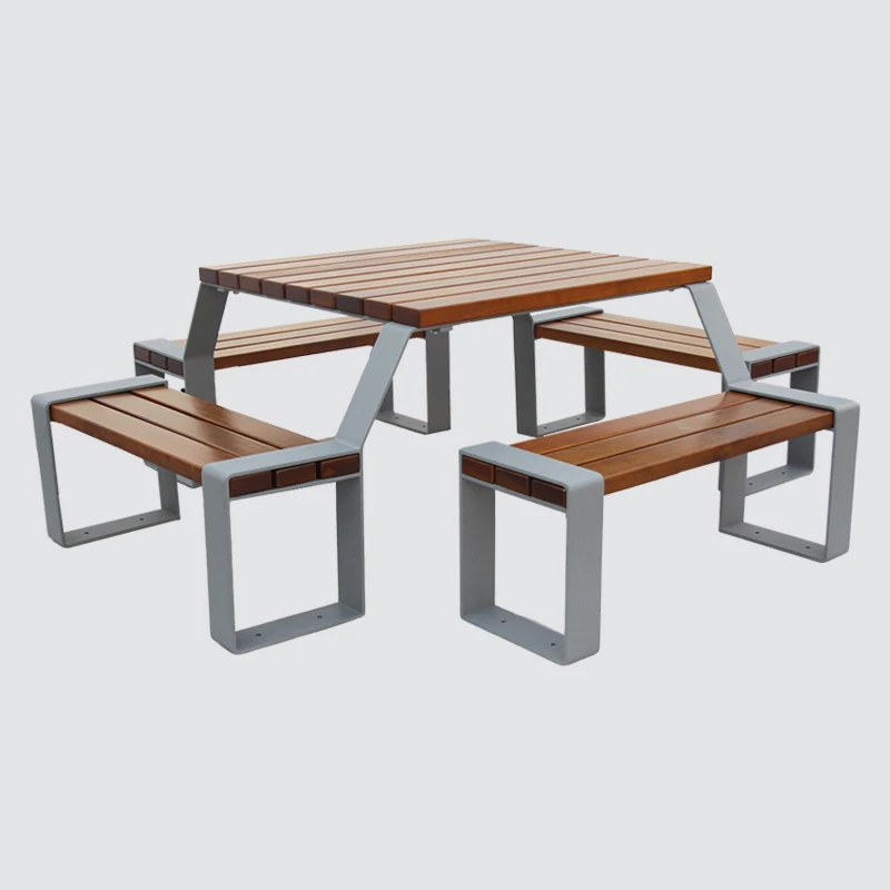 Heavy Duty Commercial Outdoor 4 Seat Picnic Table Outside Garden square Metal and Wood Out Door Dining Table with Bench