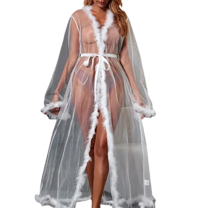 BILLIONS Women Sexy Belted 100%Polyester Brides Robe Long Sheer Marabou Feather Night Robes