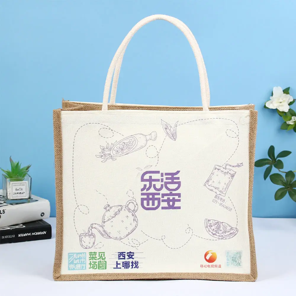 Jute with canvas mix fabric Custom Material Natural Reusable Eco Friendly UV digital printing Daily Handbags Tote bag