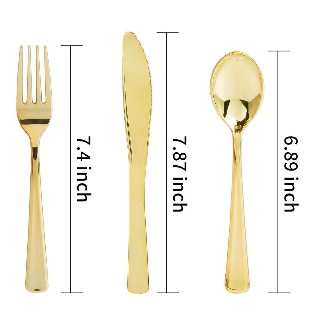 Gold Plastic Silverware- Disposable Flatware Set-Heavyweight Plastic Cutlery- Includes 100 Forks, 100 Spoons, 100 Knives