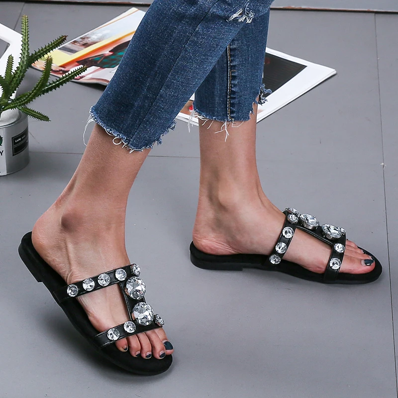 
fashion summer flat leather bling bright rhinestone slipper for women 