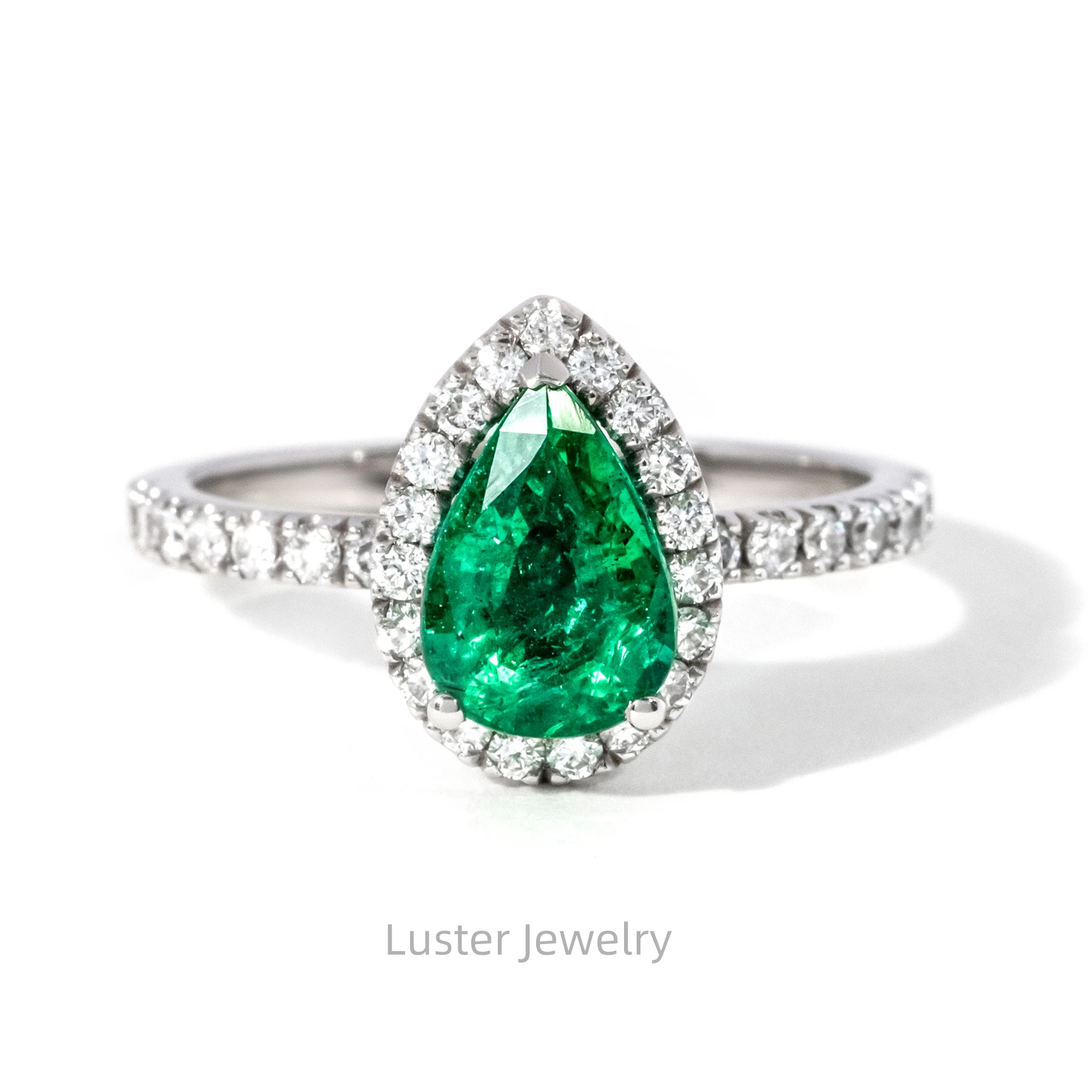 Luster 7x10mm Pear Shape Real Gold Engagement Moissanite Halo Colombia Green Lab Emerald Gemstone Ring for Women