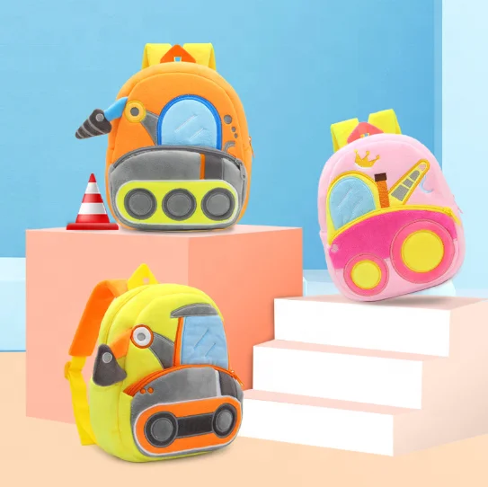 2-4 Years Cute Cartoon Excavator Children 3D Car Engineering Vehicle Plush Backpack Girls Kids Kindergarten School Bag