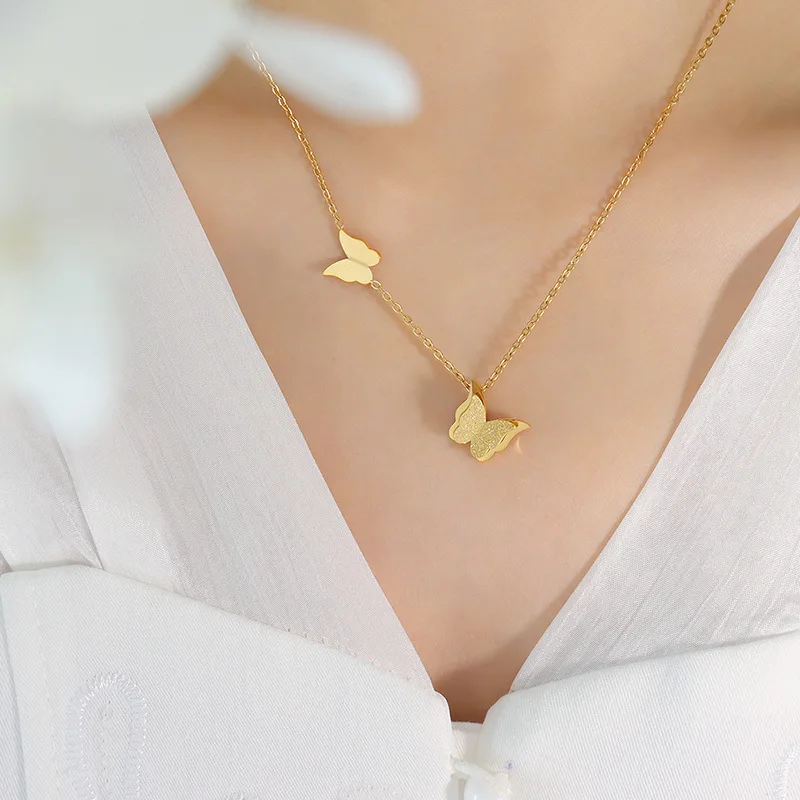 Classic Gold Plated Stainless Steel Butterfly Necklace Earrings Ring Jewelry Set Fashionable Women Party Jewelry