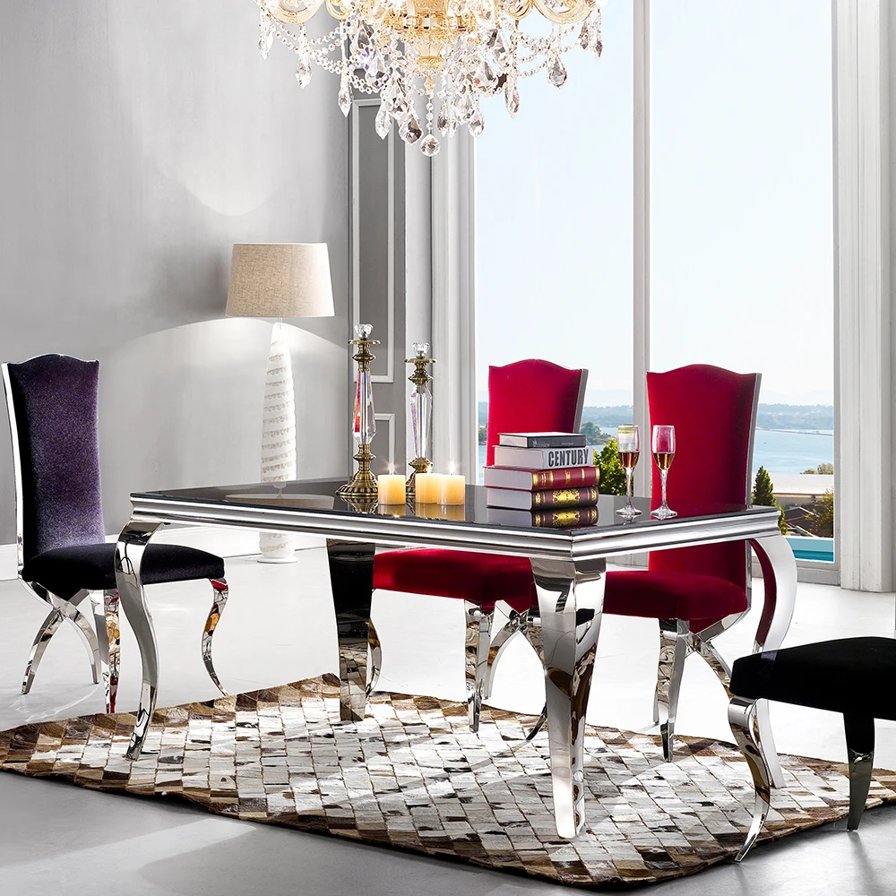 Современный обеденный стол из нержавеющей стали зеркальный черный столовый с 4 змеиными ножками и 6 стульями