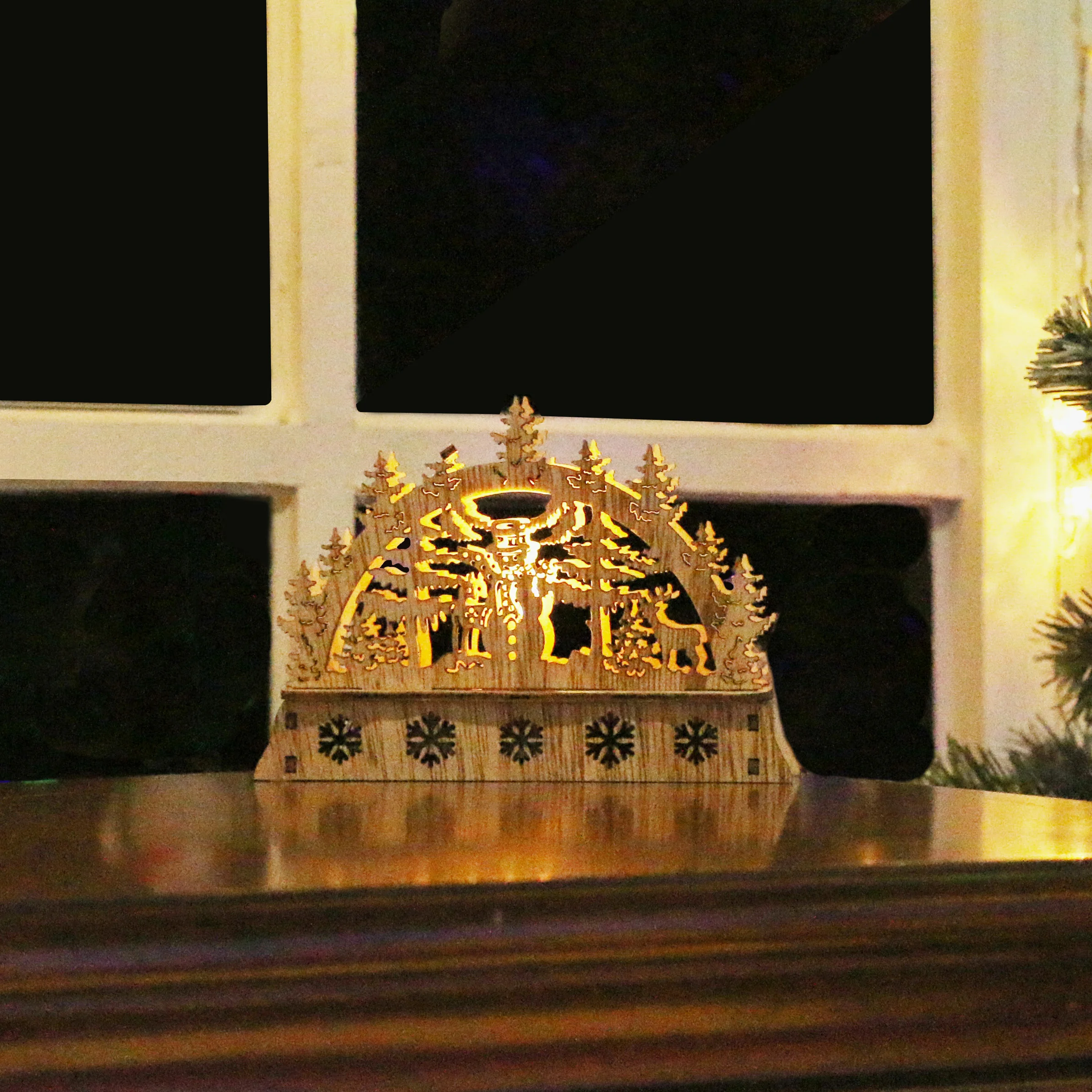 1L warmwhite LED wood christmas arch bridge table light for indoor use