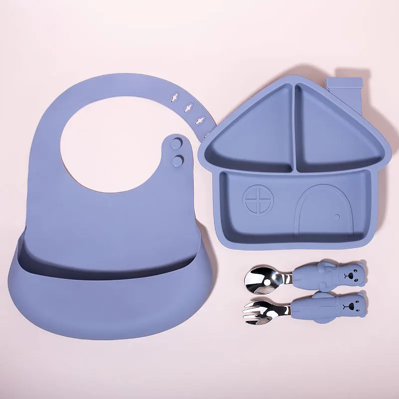 Wholesale in stock custom logo baby eating training soft spoon fork bowl bibs kids toddler tableware Silicone baby feeding set