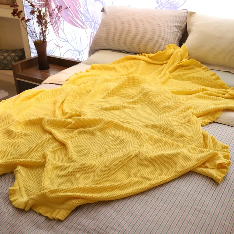 Custom pure colour super soft 100% cotton linen throw light yellow picnic camping garden blanket