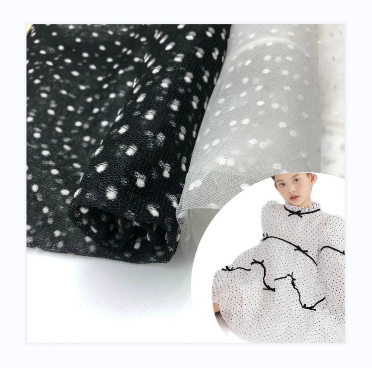 100% polyester soft swiss polka dot flocking Pattern Printed tulle mesh fabric for dress