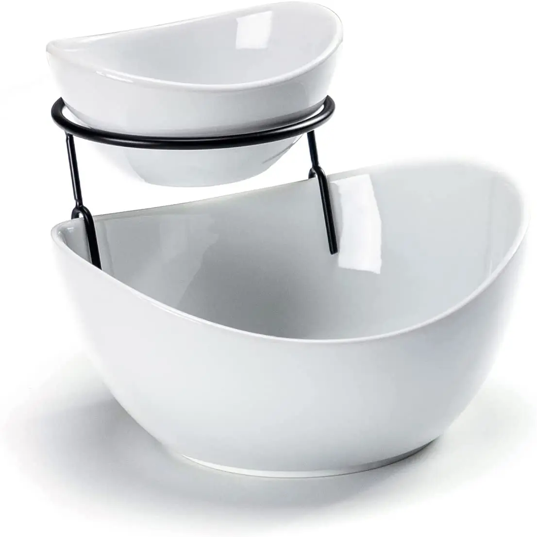Wholesale 2 Tier Serving Bowls Chip and Dip Bowls with Metal Rack Stand for Fruit Salad Candy Ceramic Tiered Serving Dishes