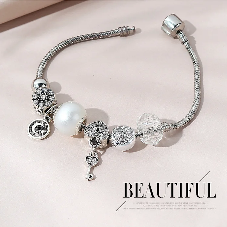 DIY Bracelet Jewelry Big Hole Beaded Beaded Key Pendant Bracelet Glass Beads Heart Shaped Lock Charm Bracelet Women